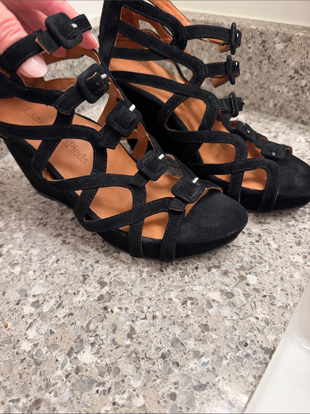 Strappy Black Suede Wedge Sandals